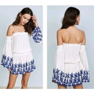 Marea NWT Size Large The Mykonos Cover Up Blue & White Mini Dress With Sleeves